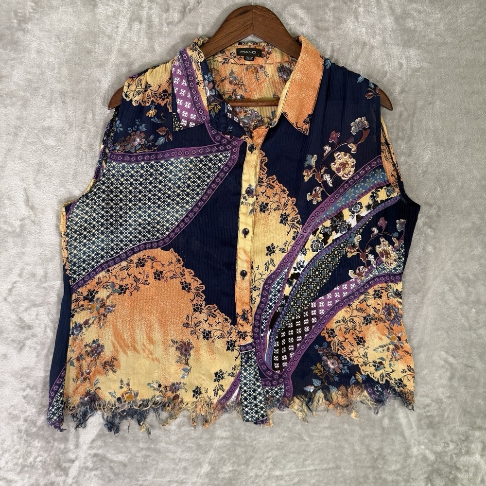 Womens L Bohemian Patchwork Sleeveless Frayed Hem Festival Top Indie